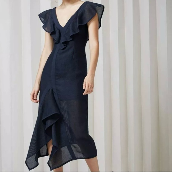 Keepsake Flashing Lights Navy Ruffle Midi Dress Size S - Picture 1 of 13